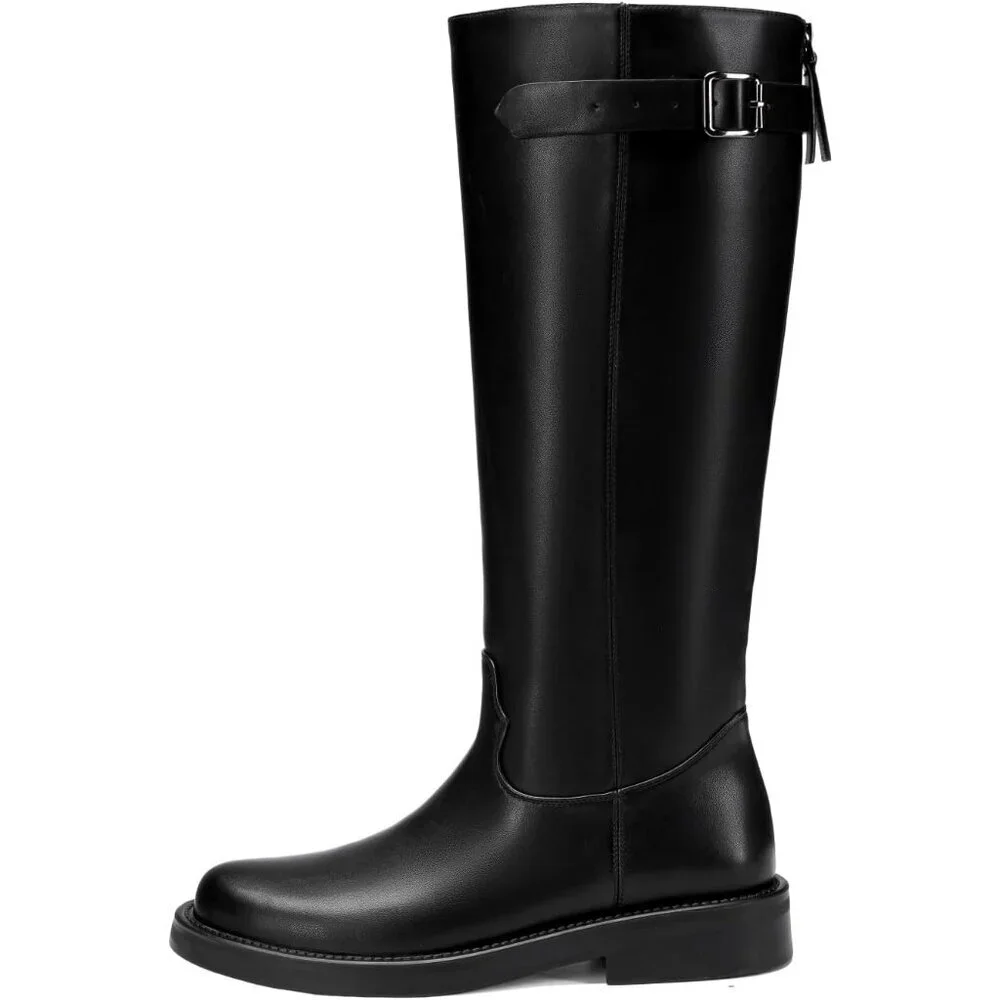 Women's Black Chunky Square Toe Tall Boots Low Heel Zipper Knee High Boots